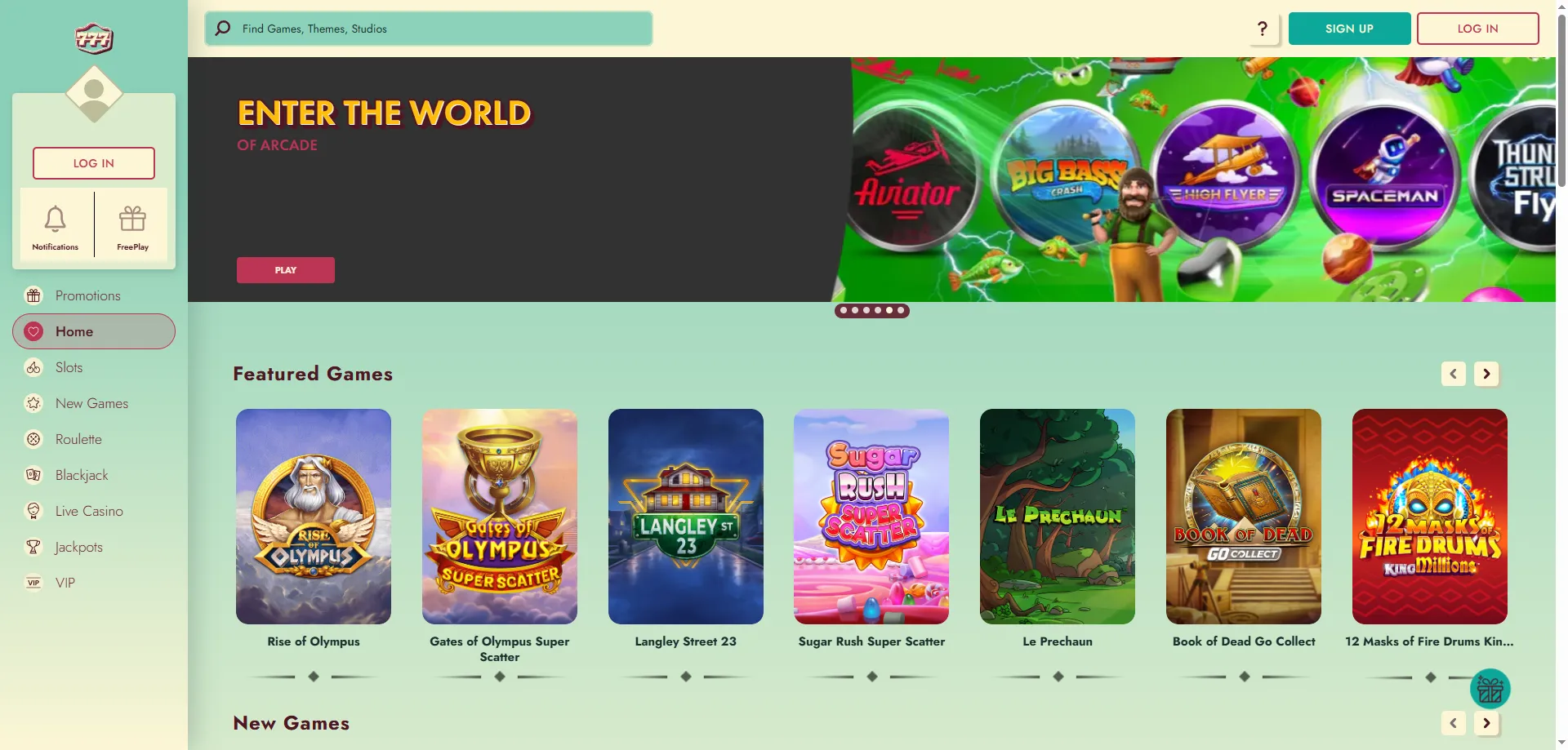777 Casino lobby overview — slots, live games, and table games