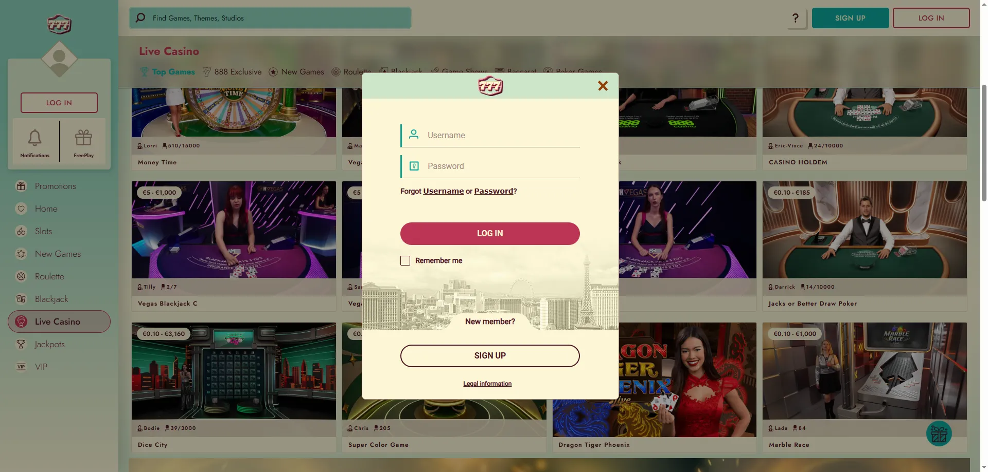 777 Casino login and promo code entry screen